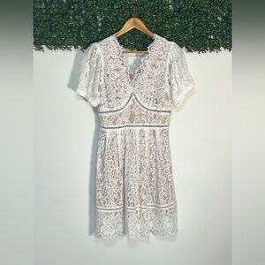 Skies Are Blue NWT Bridal White Lace Nude Lined Fit Flare Puff Sleeve Dress S